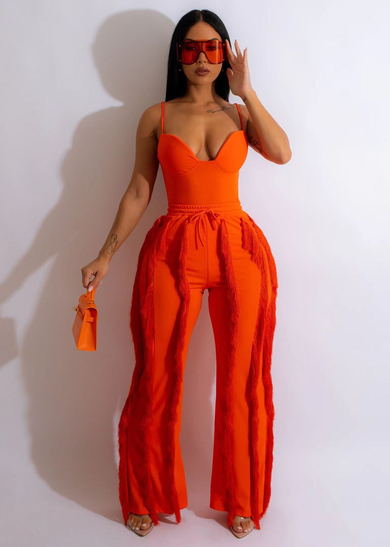 Street women set strapless tassel pants set