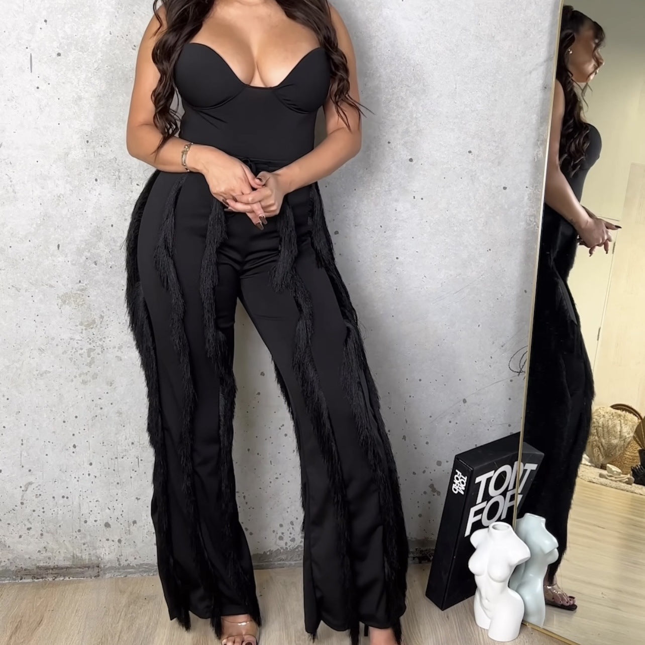 Street women set strapless tassel pants set