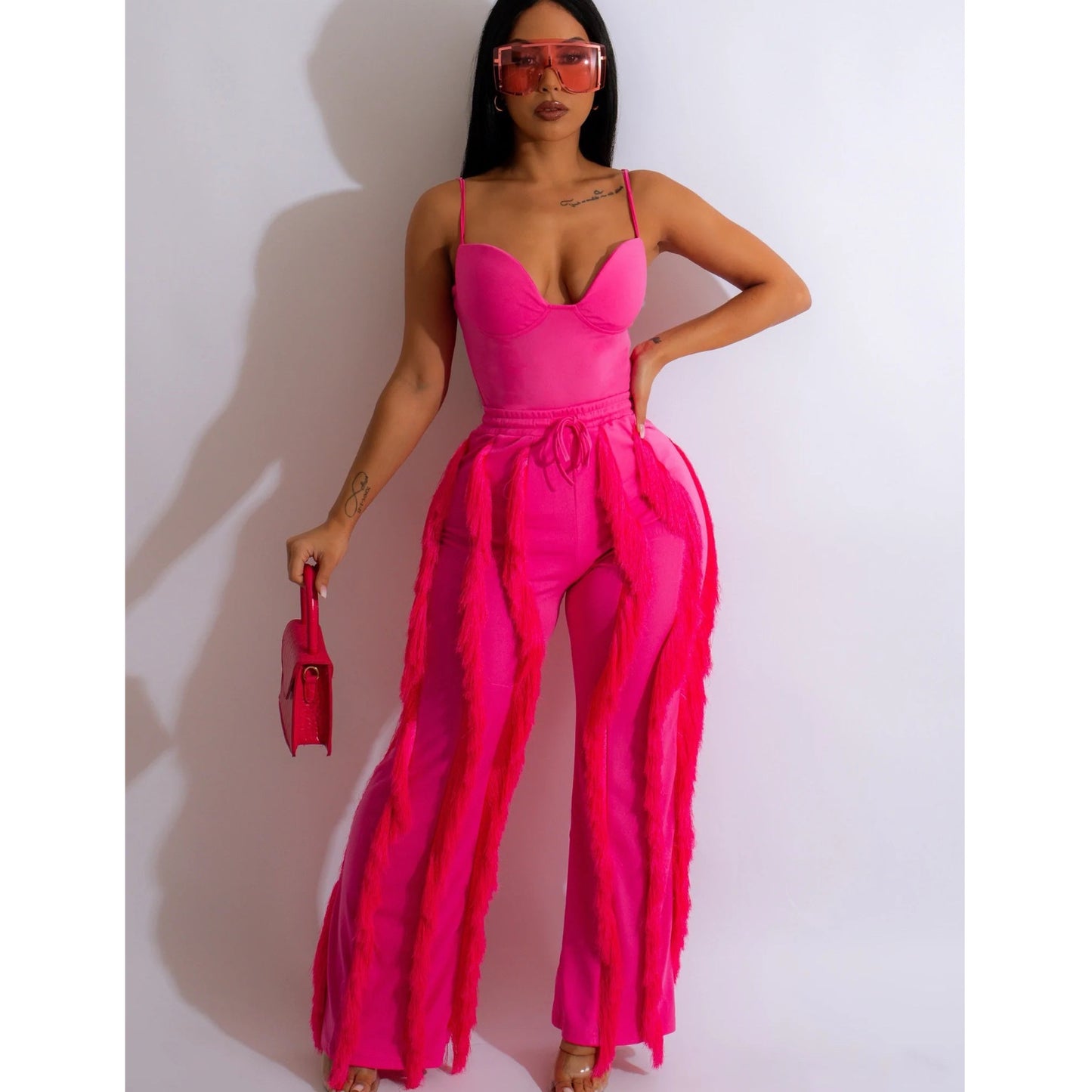 Street women set strapless tassel pants set