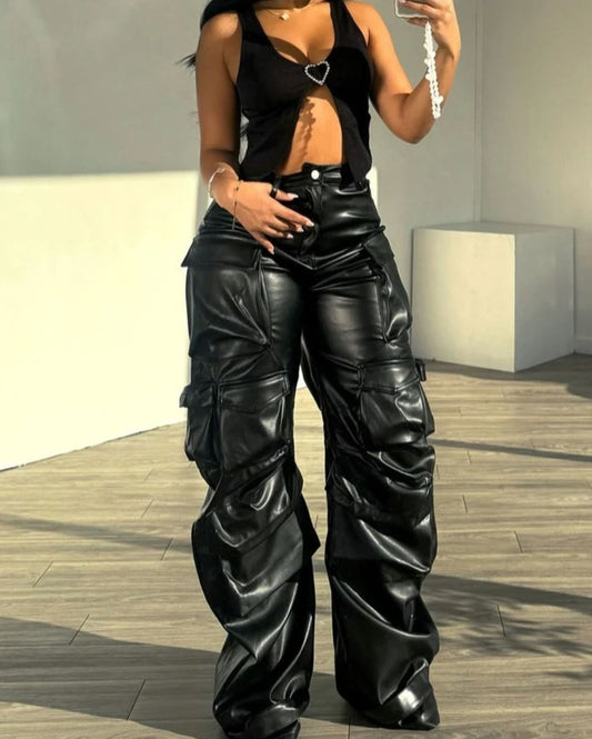 2022 Fashion PU leather pants Women's new solid color loose wide leg pants with pockets fashion winter clothes