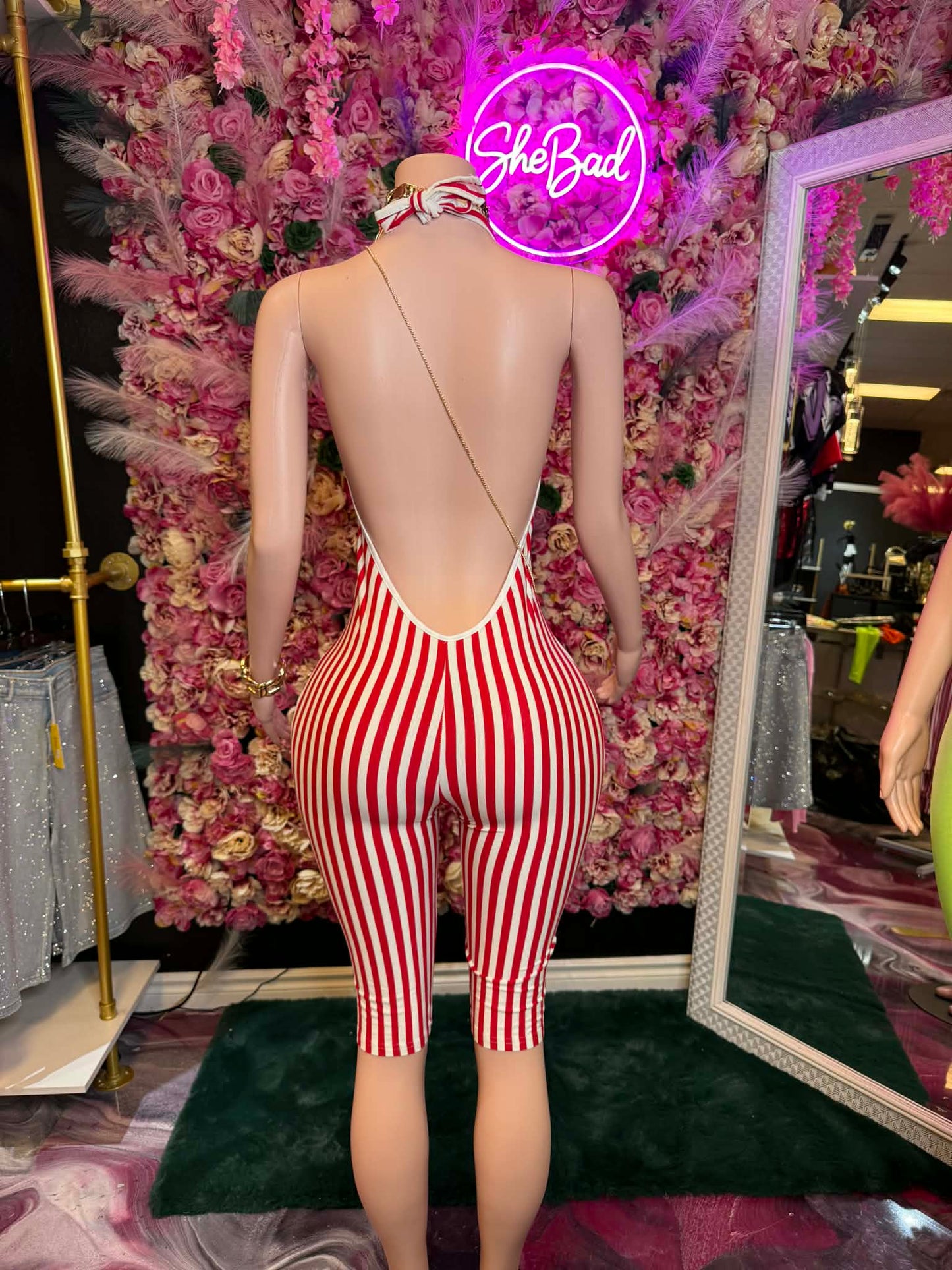 Candy Cane Babe Red & White Striped Halter Capri Jumpsuit