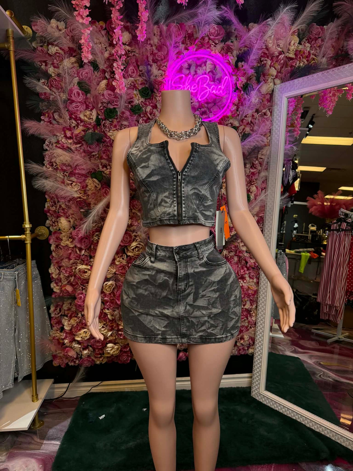 Midnight Muse Zip Denim Skirt Set