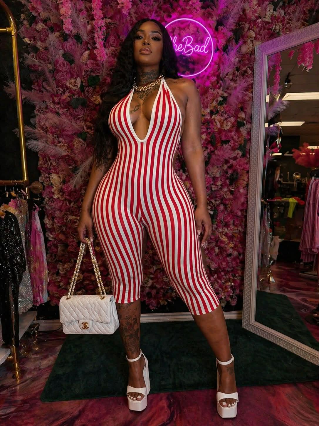 Candy Cane Babe Red & White Striped Halter Capri Jumpsuit